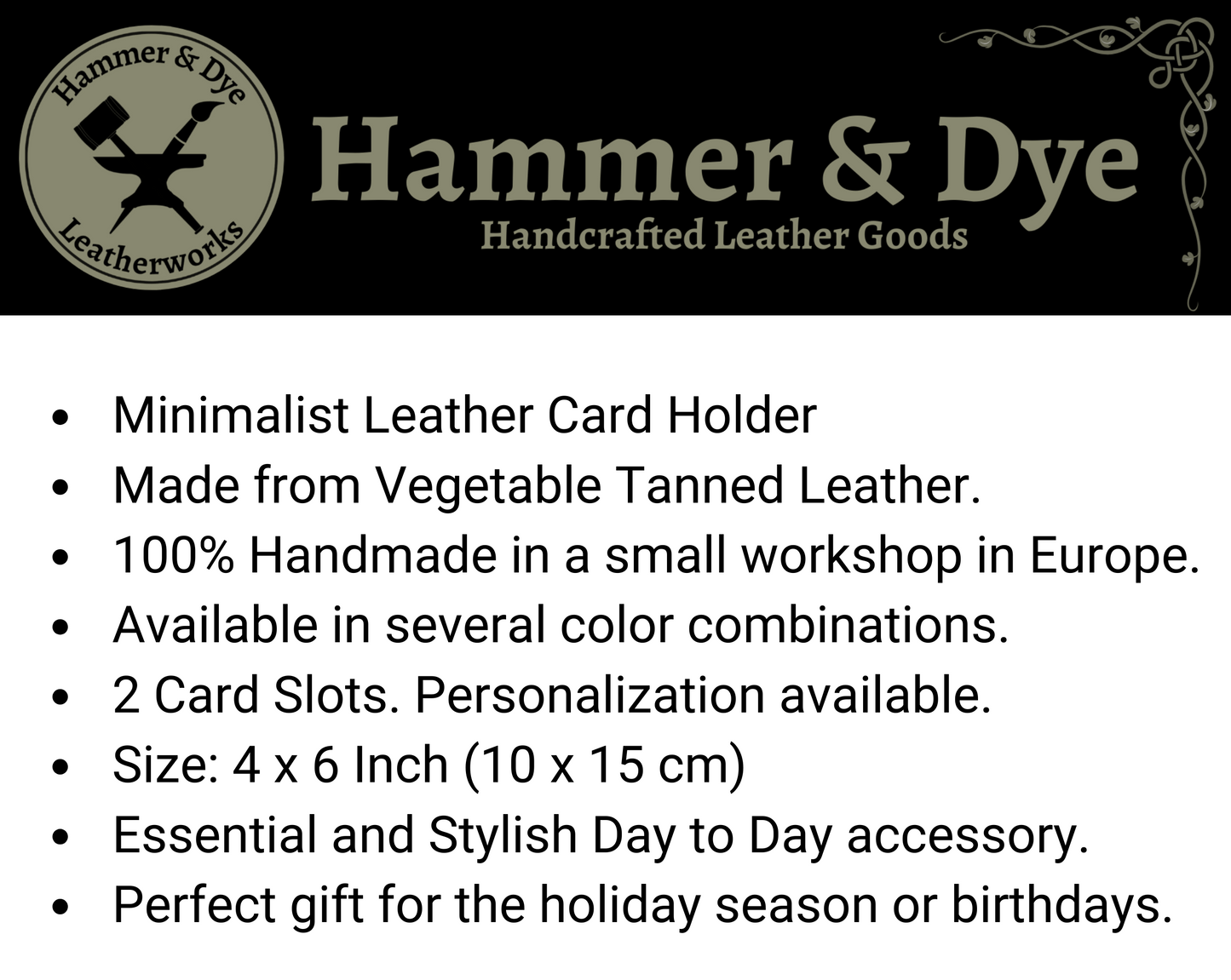 infographic about the Handmade Two-tone Bifold Leather Card Wallet in Brown and Natural color with brown stitching