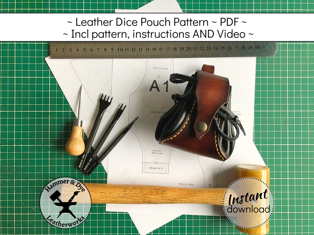 Handmade leather drawstring dice pouch pattern printable PDF