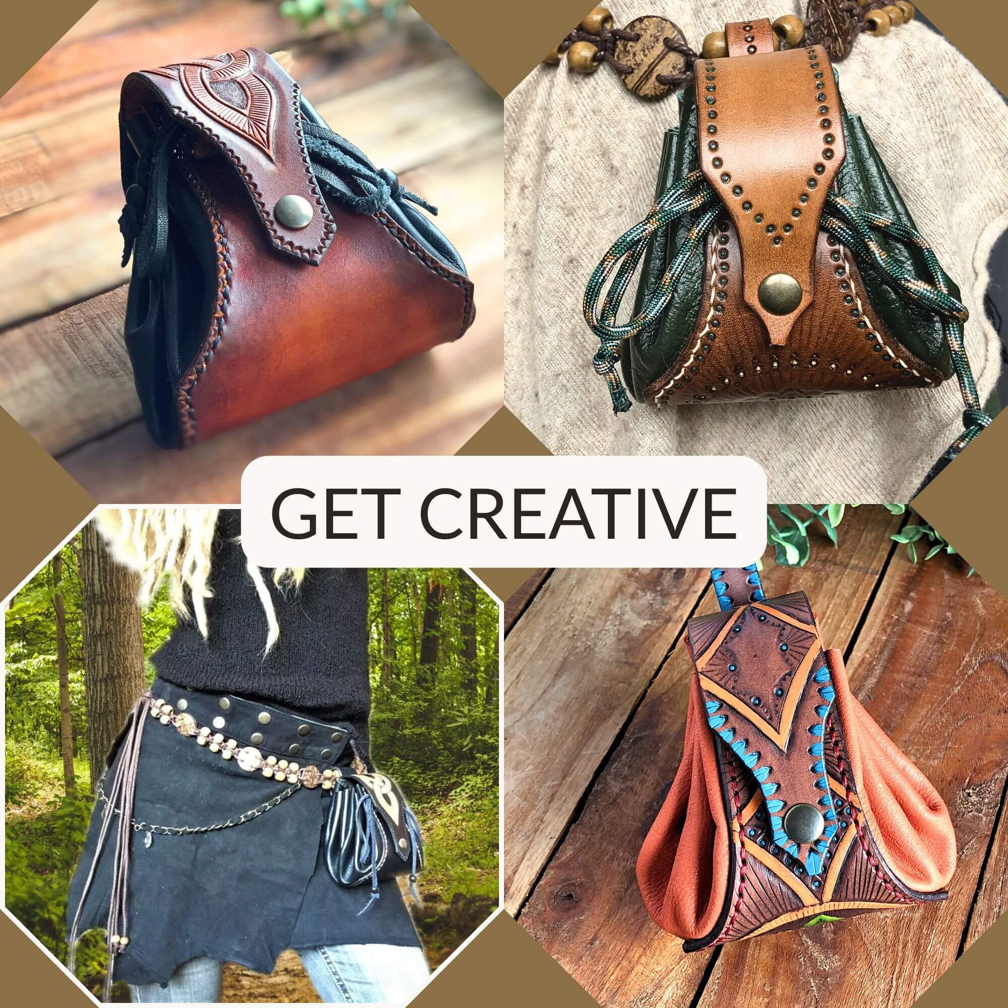 Collage of leather drawstring dice bags with decorative elements.