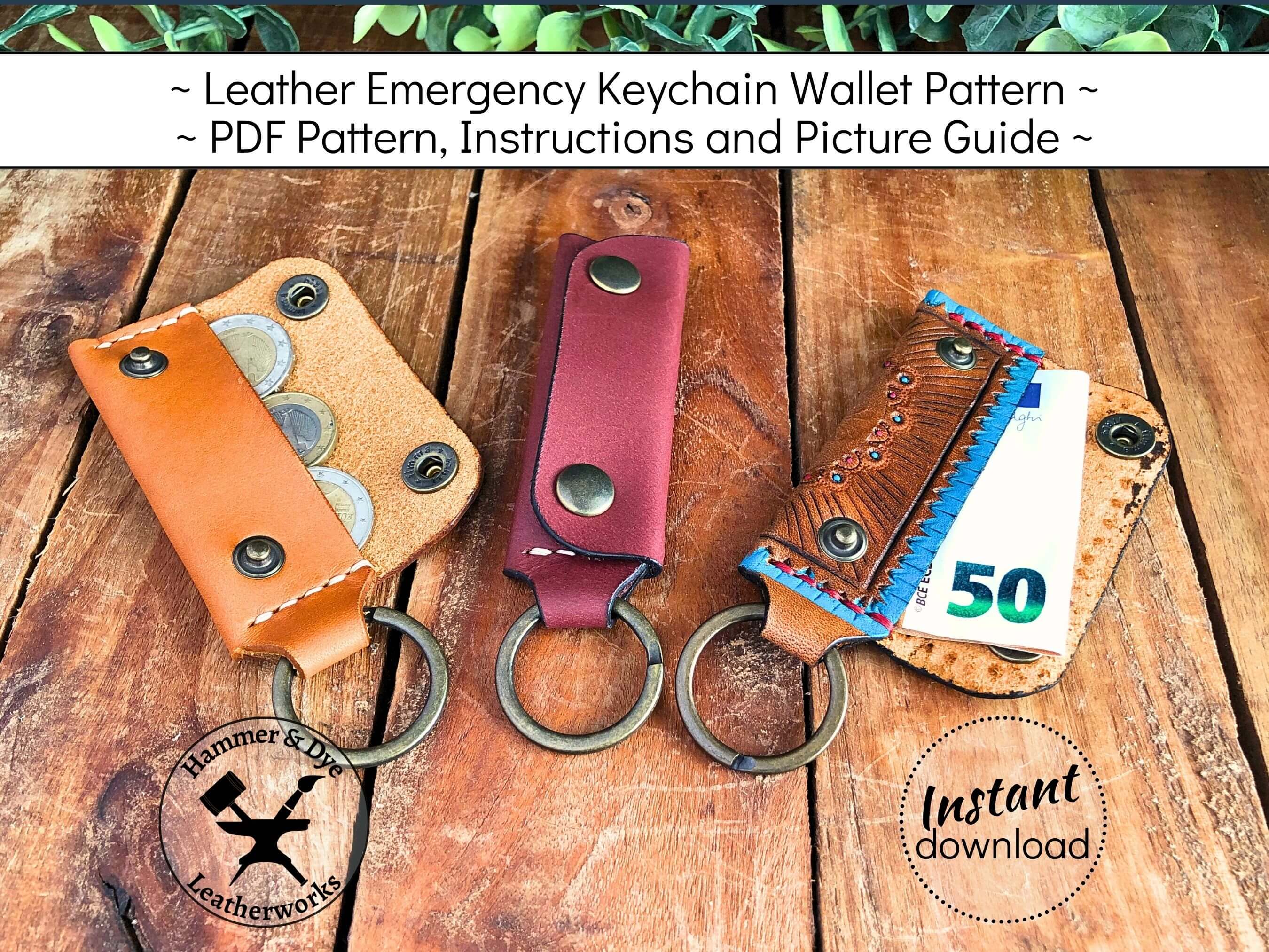Various Leather Emergency Keychain Wallets on a wooden surface