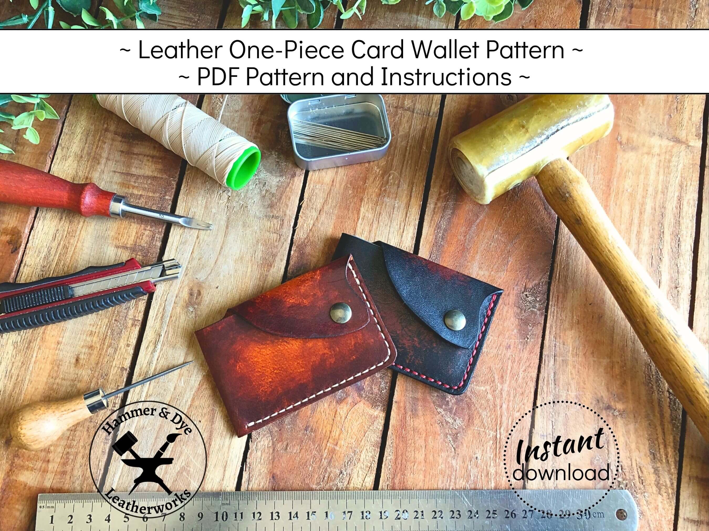 2 Leather one-piece card wallet with tools on a wooden surface