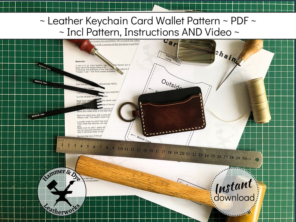 Handmade leather keyring card wallet pattern printable PDF