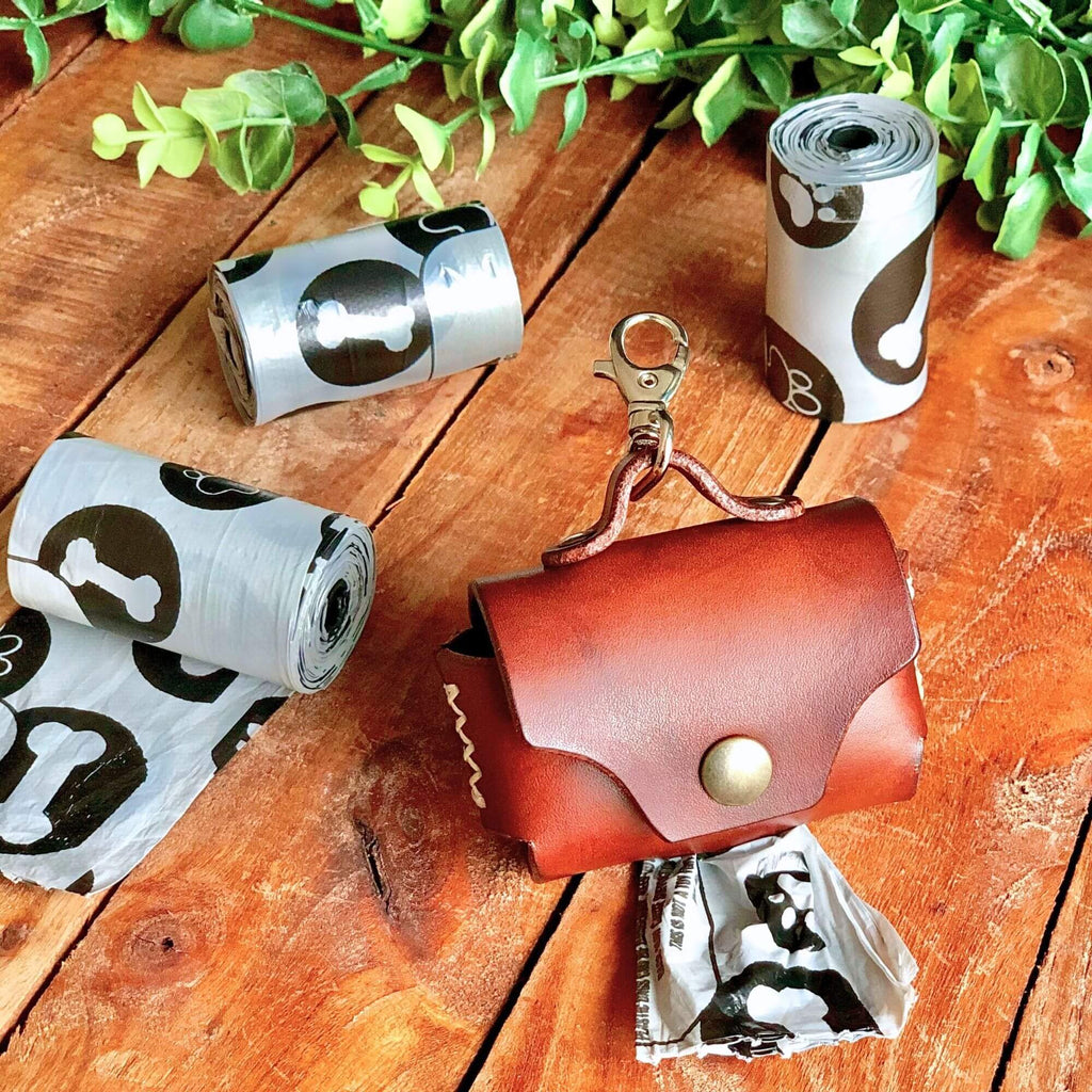 Handmade leather dog poop bag holder with dog poop bags