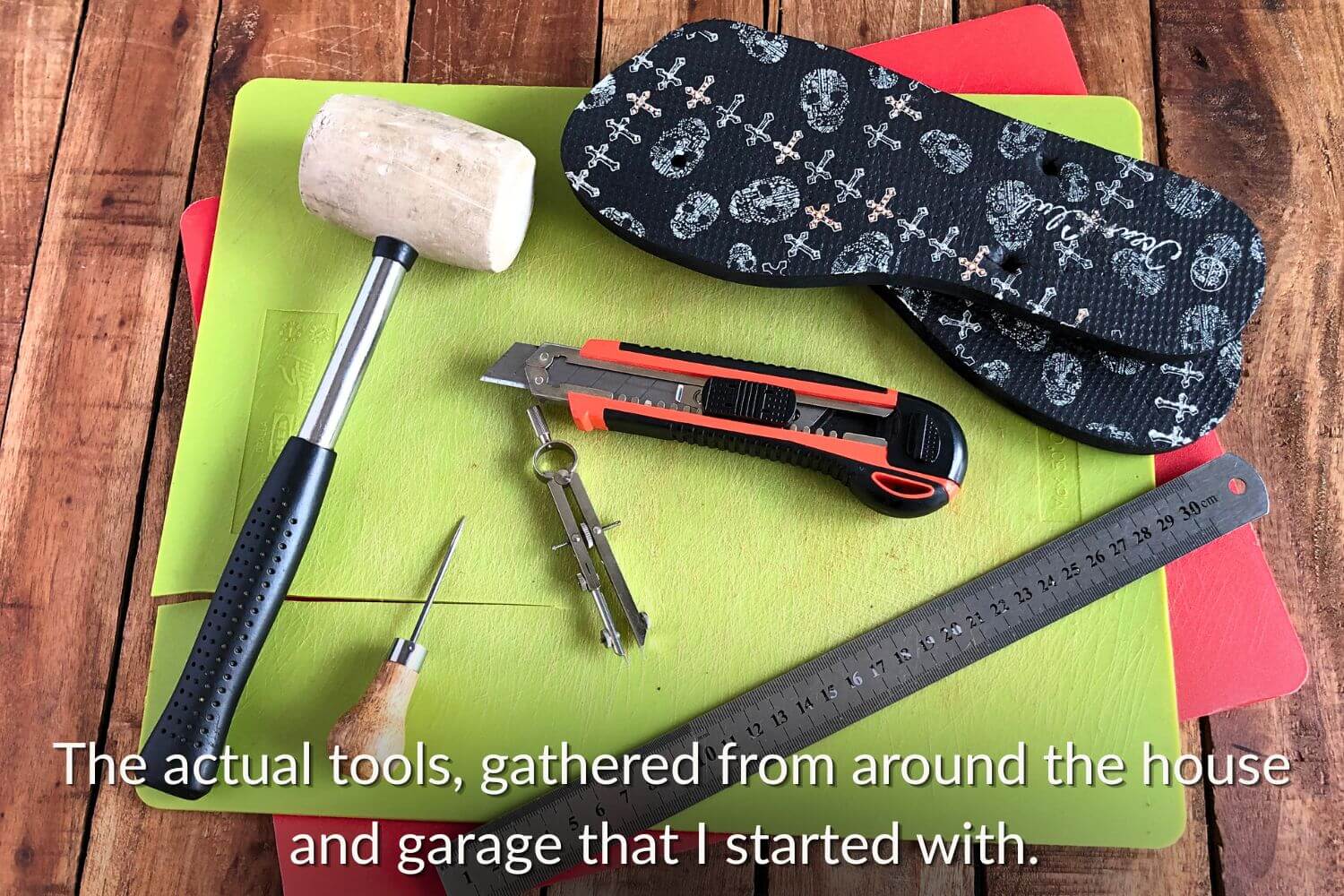collection of basic tools collected from home and garden to start leathercraft.
