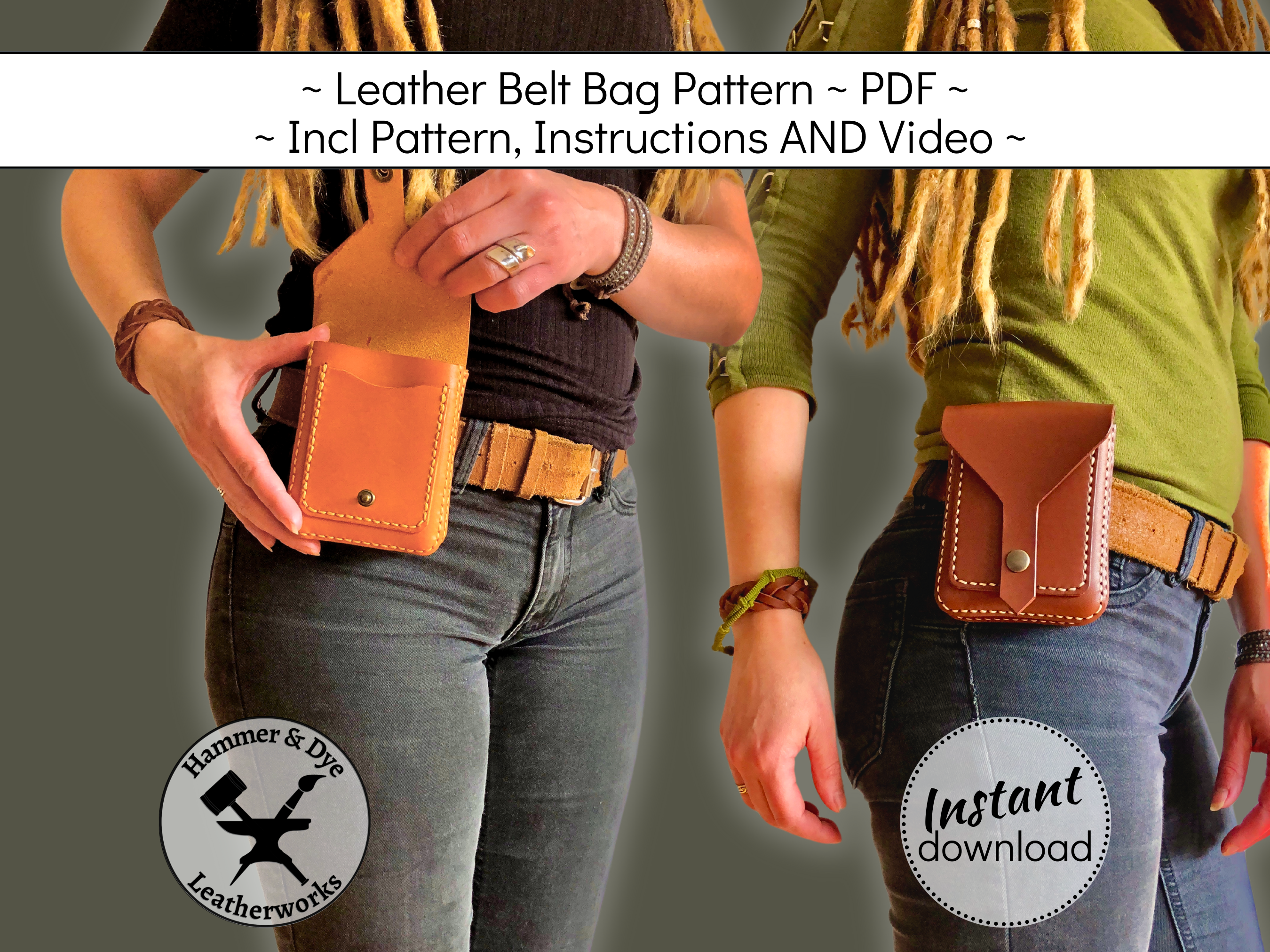 Handmade compact leather belt bag pattern printable PDF