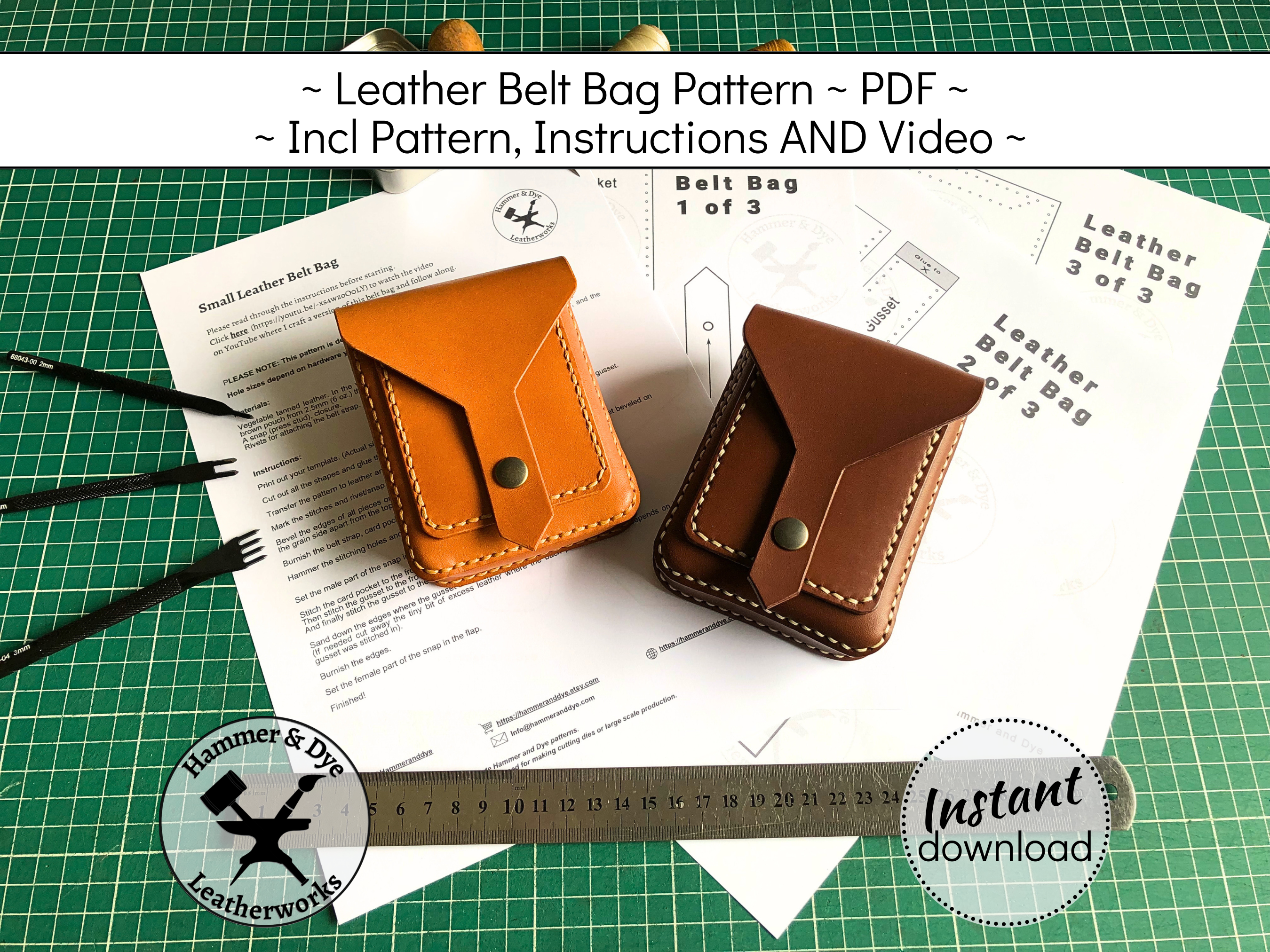 Handmade leather belt pouch pattern printable PDF