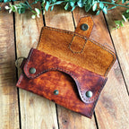 Full carry leather wallet with coin pocket, hand stitched from natural veg tan, tan and mahogany dye finish