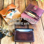 3 leather wallet patterns for beginner leathercrafters on a wooden background