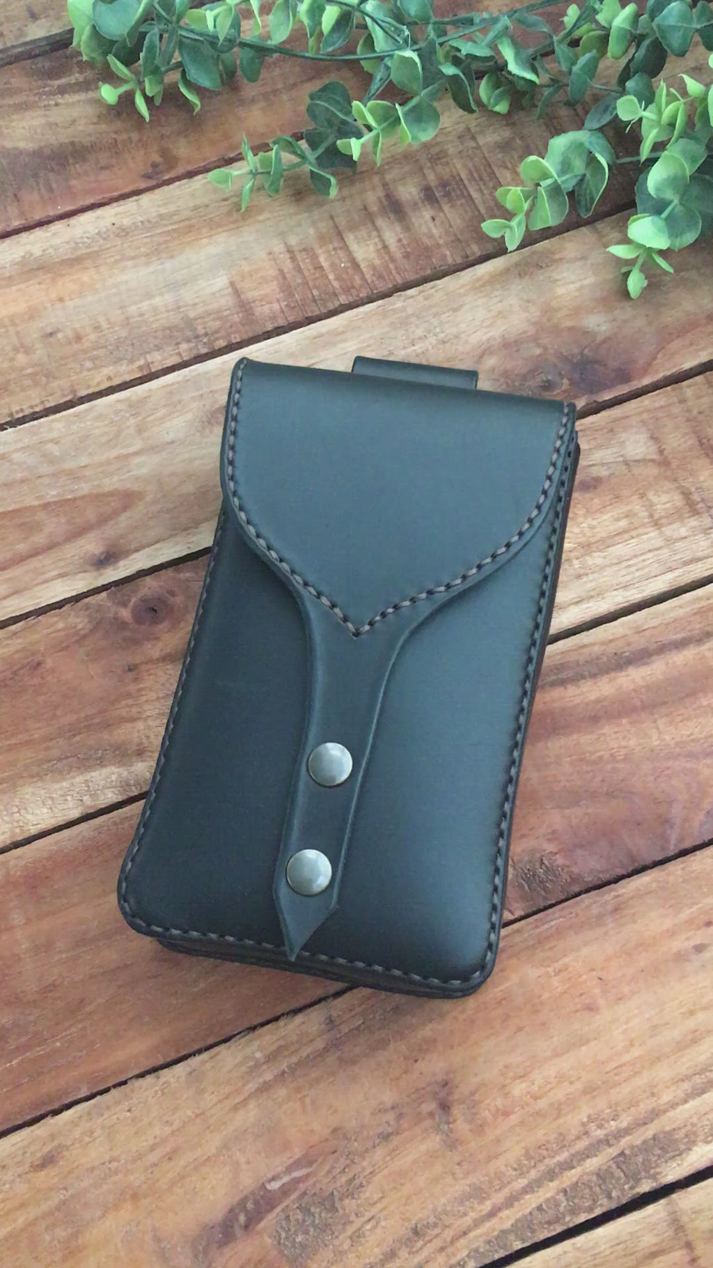 Video Showing a  Handmade Black Leather Festival Belt Pouch with Brown Stitching