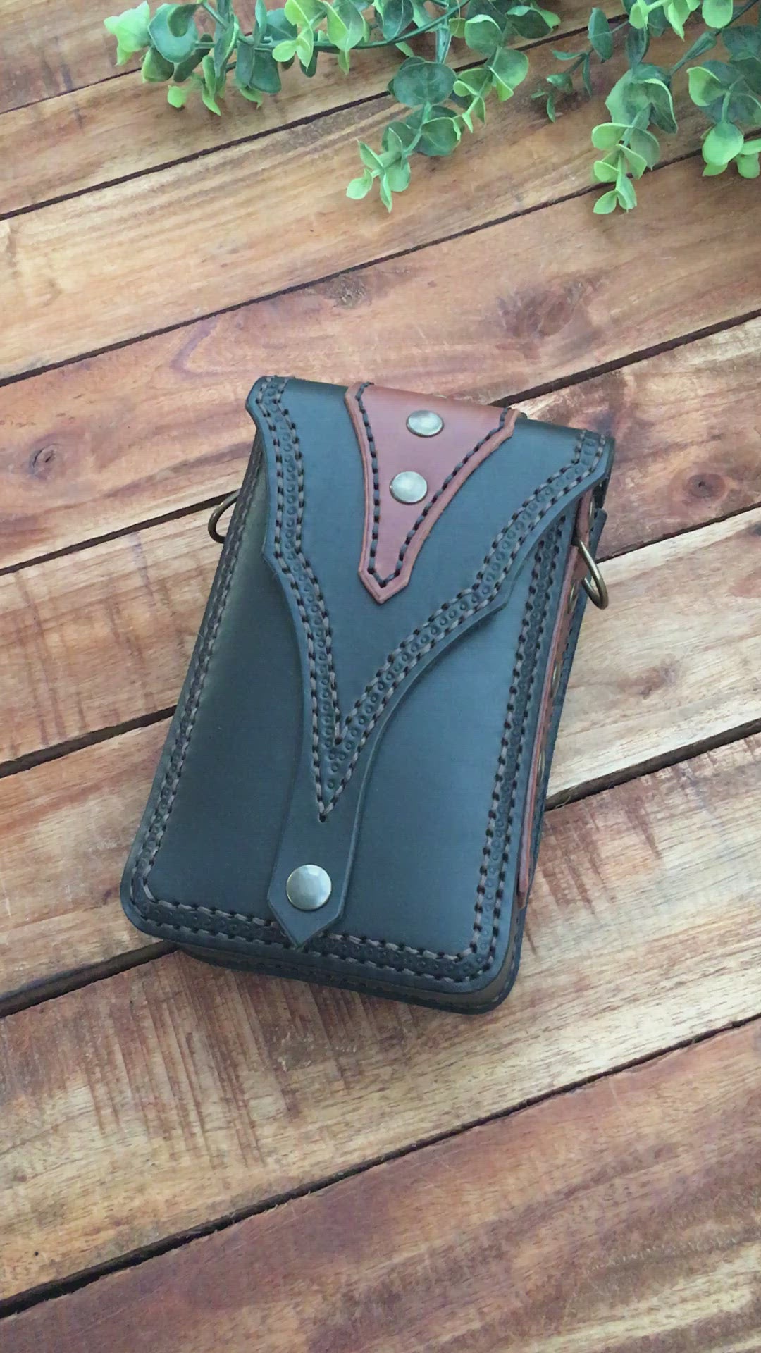 Video Showing a Black Biker Style Leather Belt Pouch with Brown details