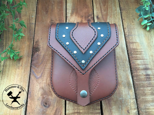 Handmade Two-tone Studded Leather Belt Bag in Brown and Black front