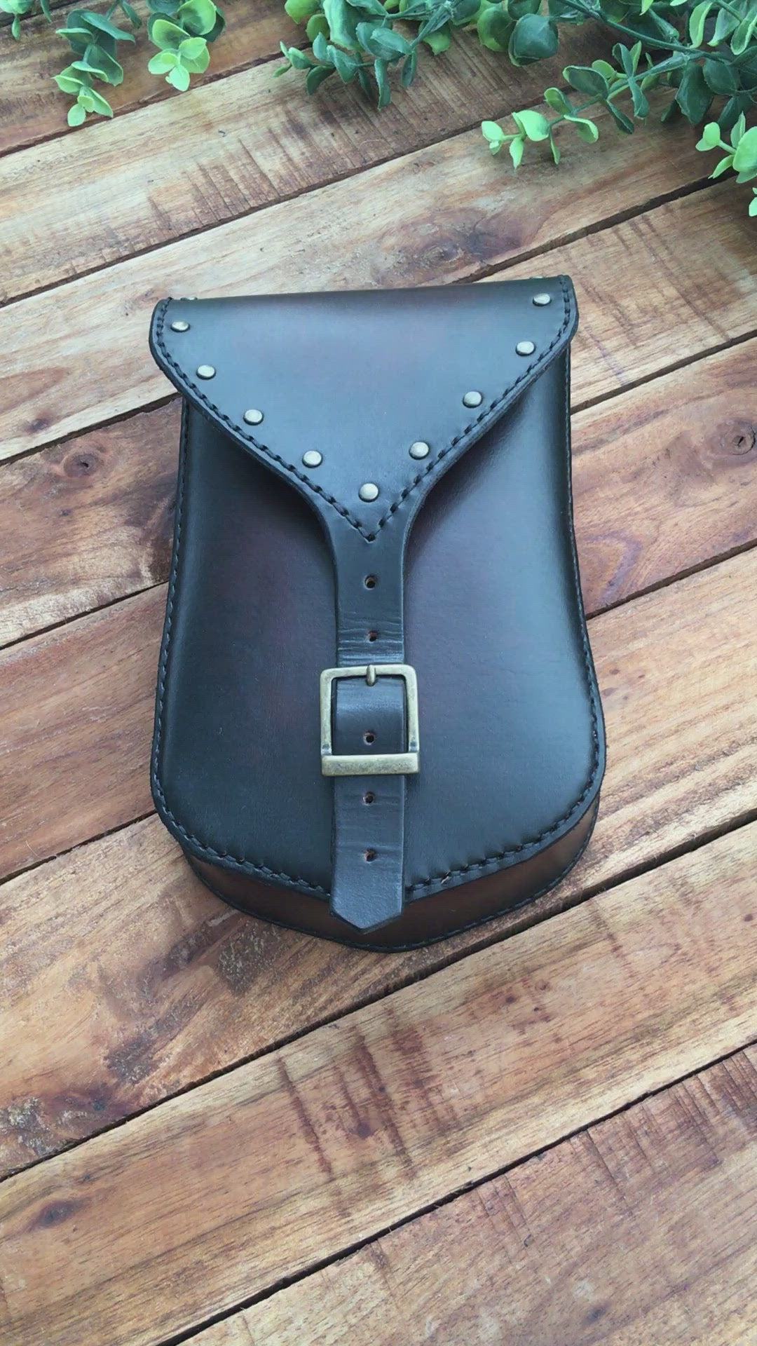 Video Showing a Large Handmade Black Leather Belt Pouch with Buckle closing and Studs 
