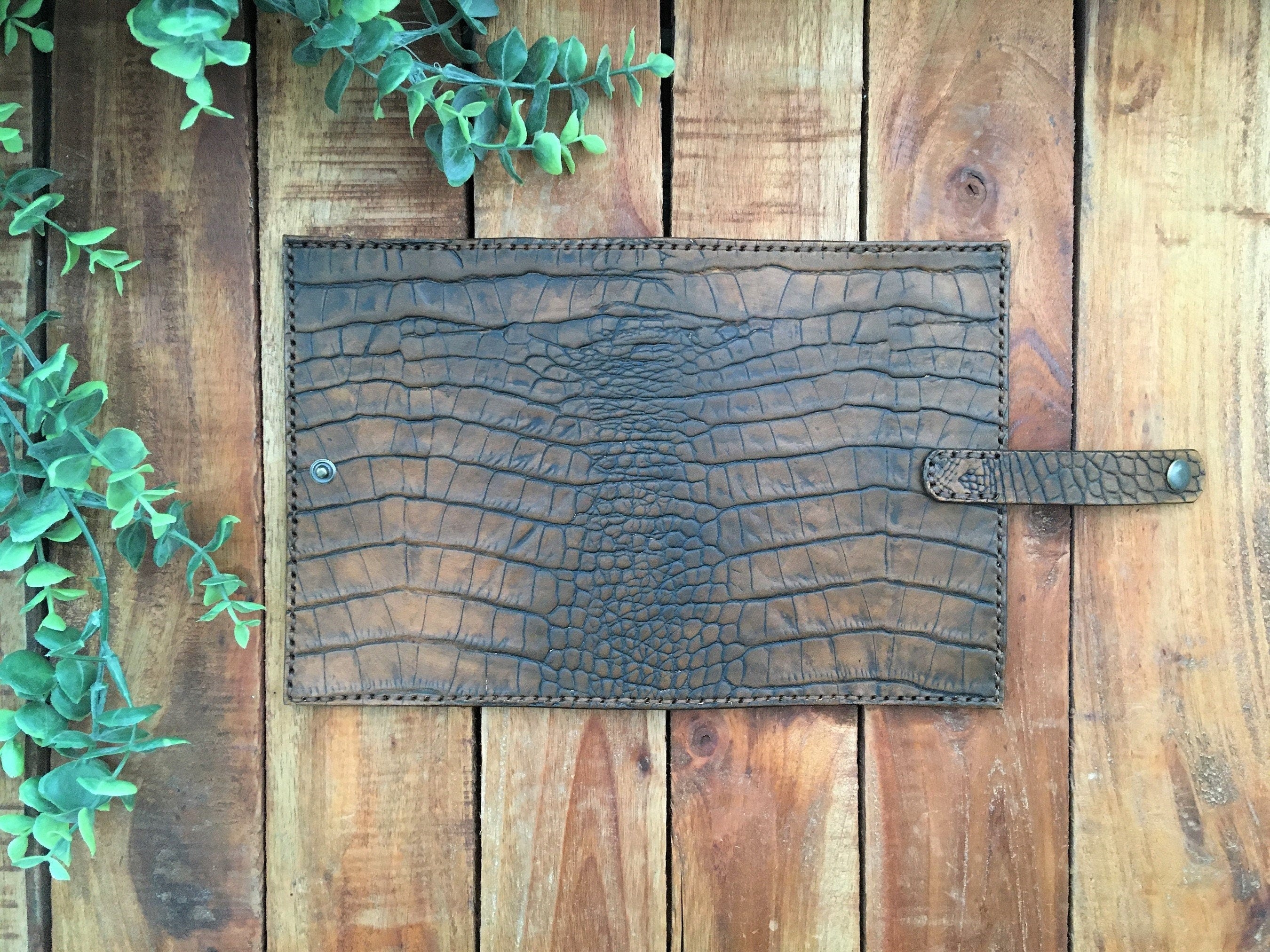 Handmade Brown Leather Alligator Embossed Book Cover Outside View