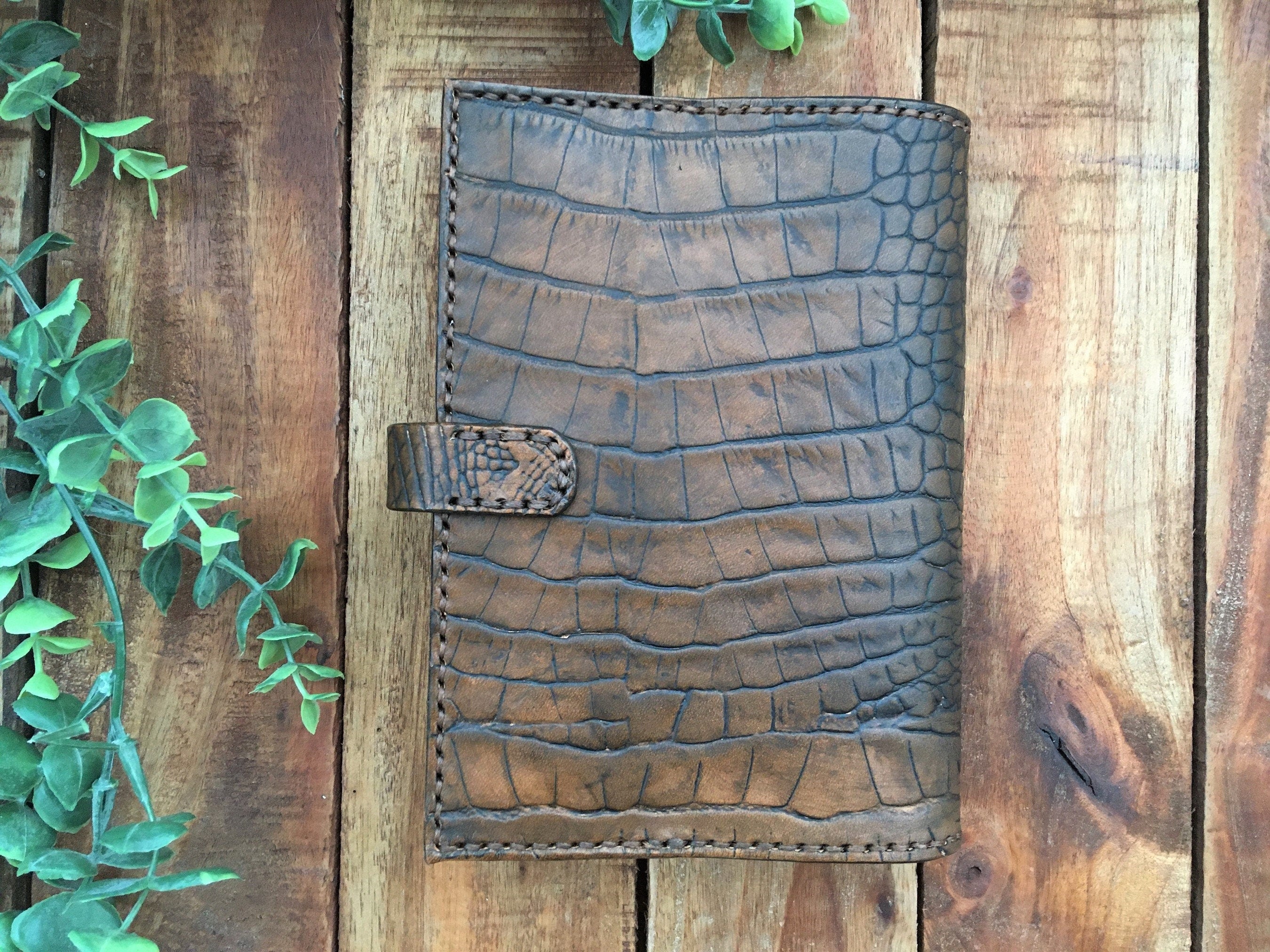 Handmade Brown Leather Alligator Embossed Book Cover Back View