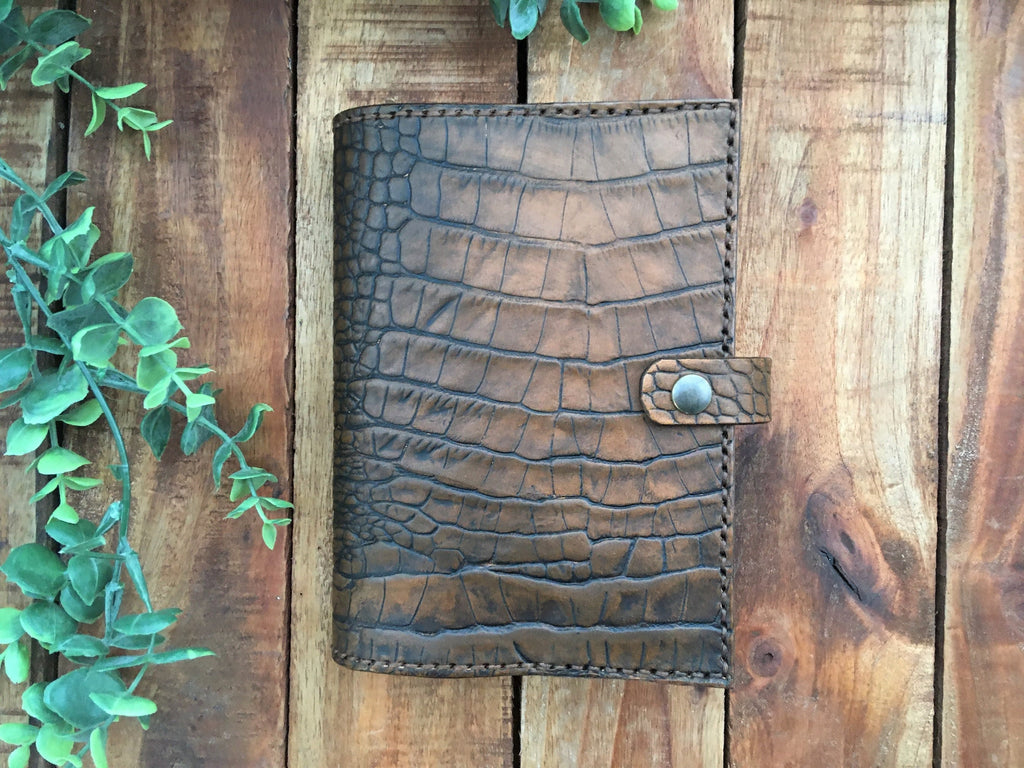 Handmade Brown Leather Alligator Embossed Book Cover  Front
