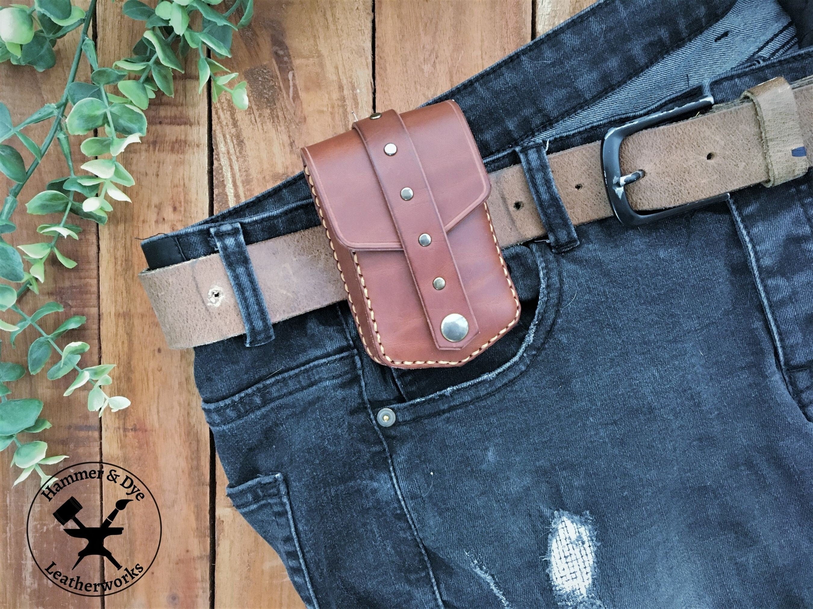 Handmade Brown mini leather belt pouch for credit cards on belt