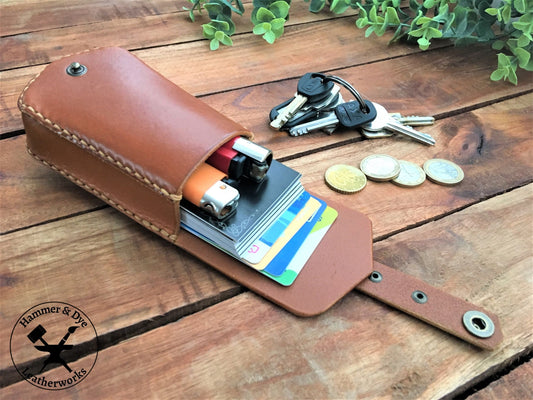 Handmade Cognac Color Mini Leather Belt Pouch for credit cards filled with cards and other small items