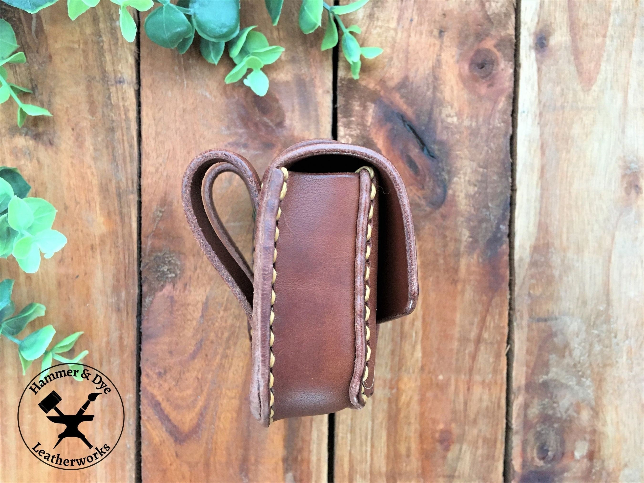 Handmade Brown mini leather belt pouch for credit cards Side View