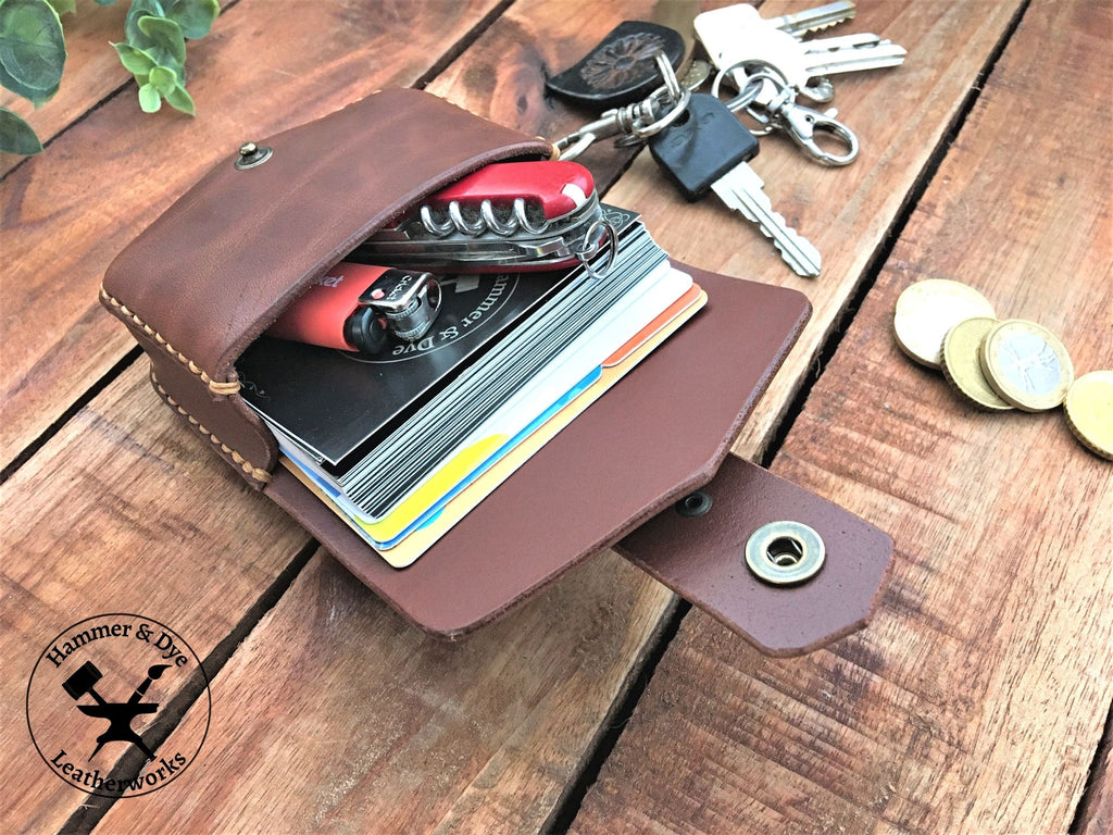 Handmade Brown mini leather belt pouch for credit cards filled with cards and other small items