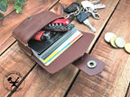 Handmade Brown mini leather belt pouch for credit cards filled with cards and other small items