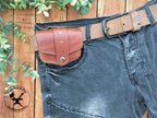 Handmade Brown mini leather belt pouch for credit cards on a belt