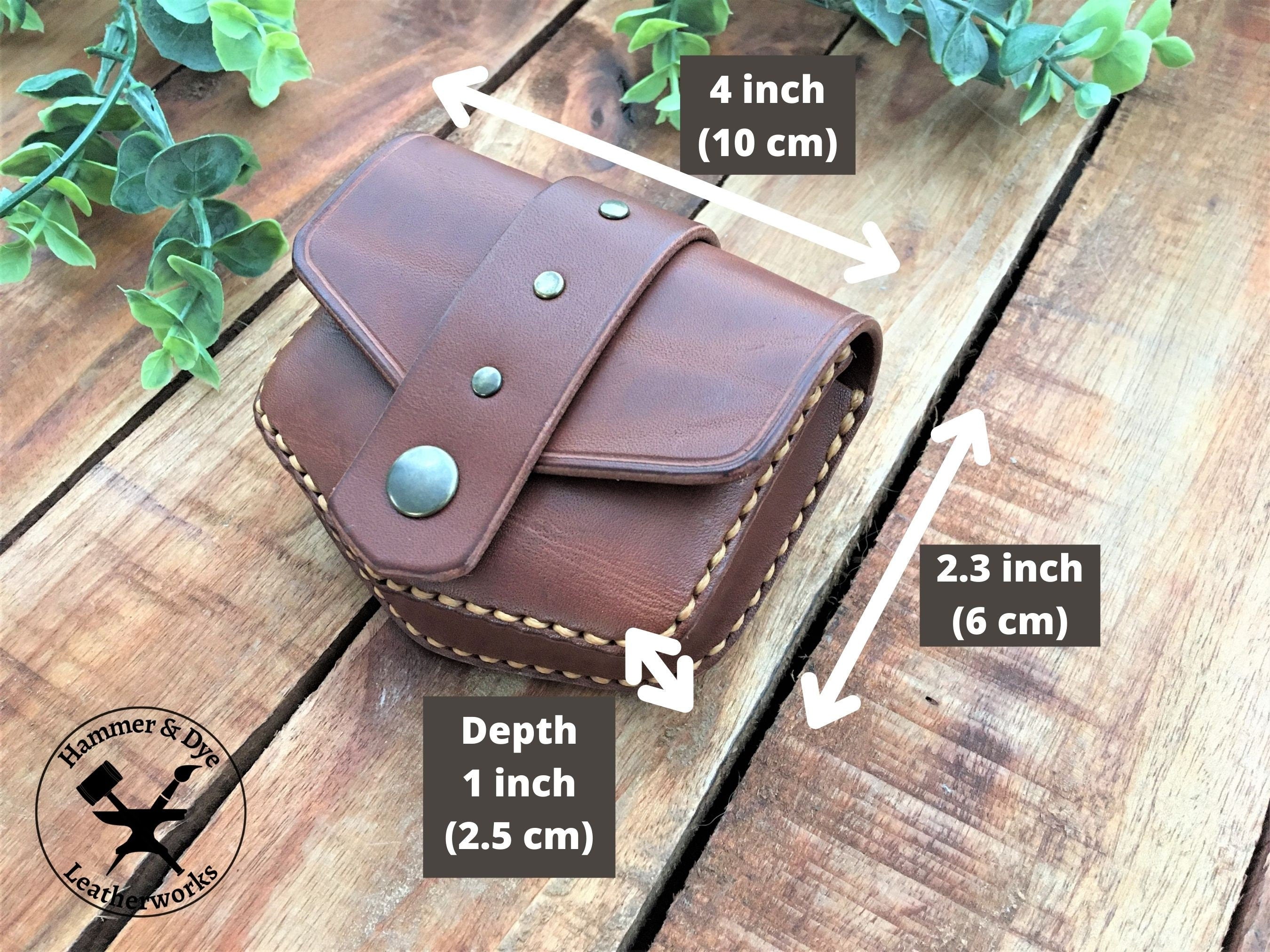 Handmade Brown mini leather belt pouch for credit cards with Sizing Guide
