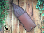 Brown Biker Style Leather Belt Pouch with Black details front with flap open