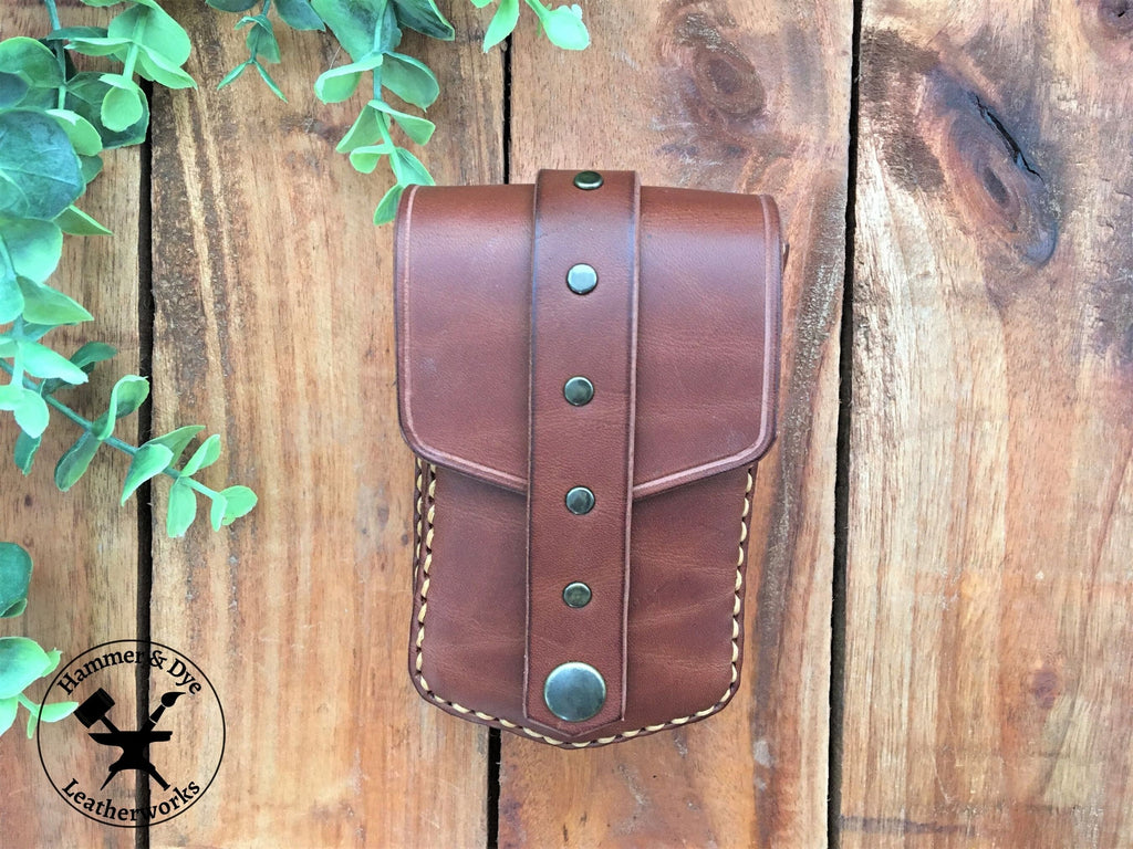 Handmade Brown mini leather belt pouch for credit cards Front View