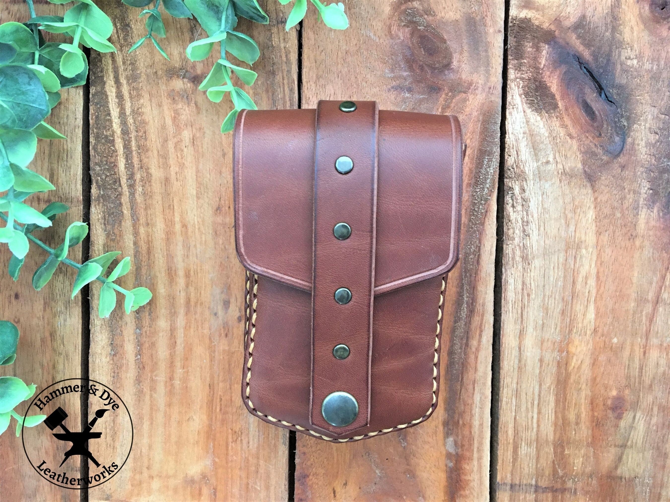 Handmade Brown mini leather belt pouch for credit cards Front View