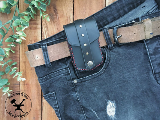 Handmade Black Mini Leather Belt Pouch for credit cards on a trouser belt