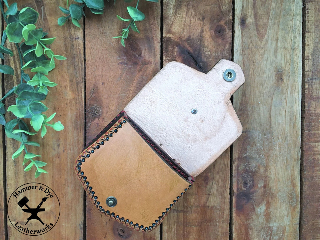 Handmade Boho Style Mini Leather Hip Bag with Turquoise detailing showing front panel