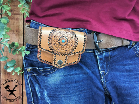 Handmade Boho Style Mini Leather Hip Bag with Turquoise detailing on a belt