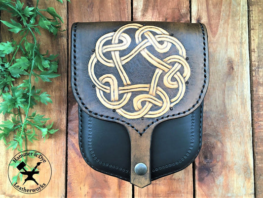 Handmade 2-tone Leather Belt Pouch with Circular Celtic Knotwork Carving Front