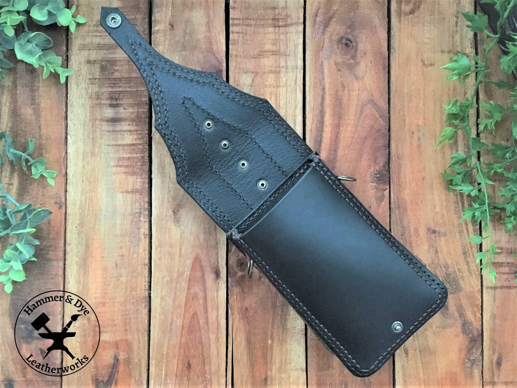 Black Biker Style Leather Belt Pouch with Brown details Front with Flap Open
