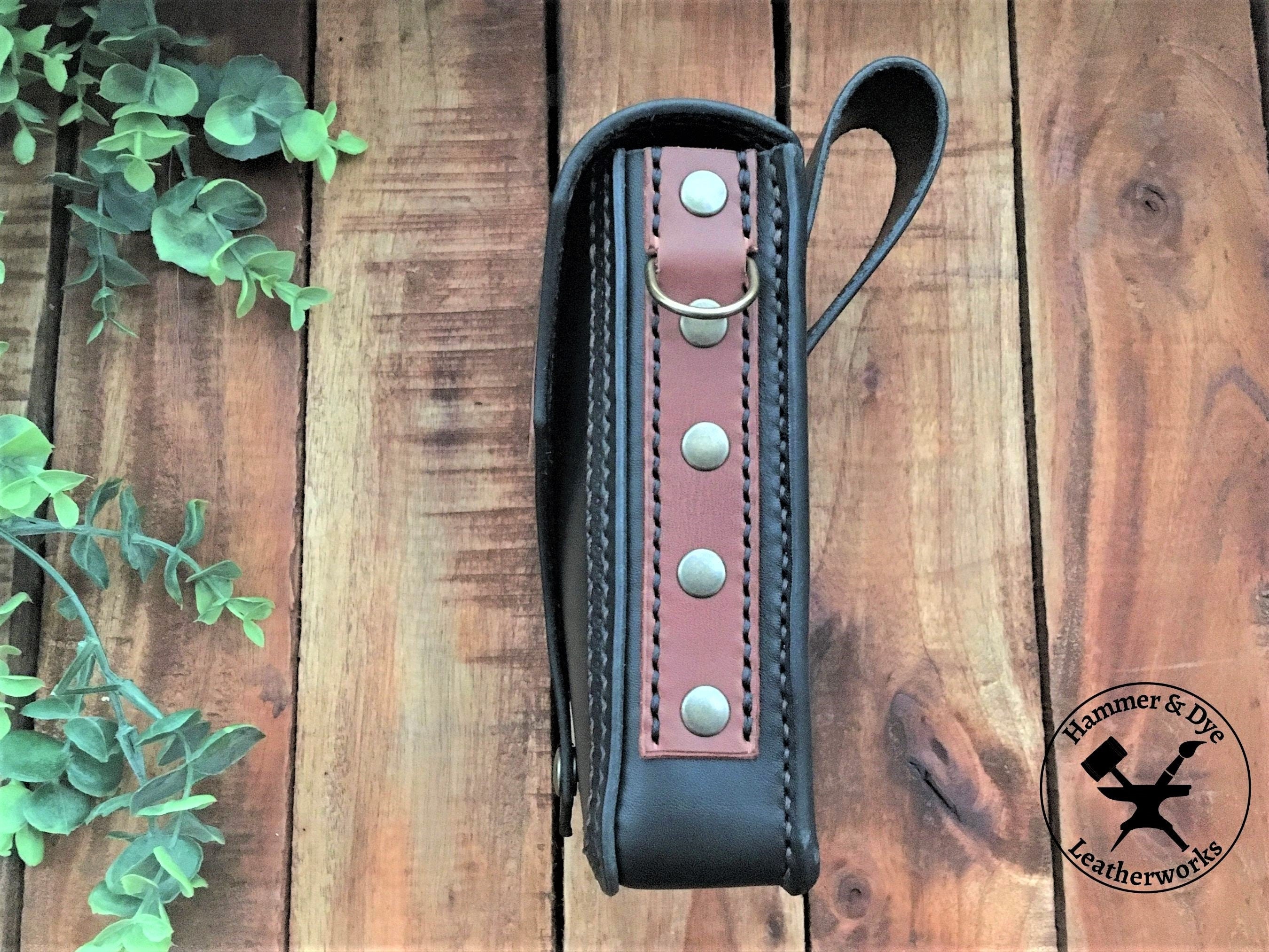 Black Biker Style Leather Belt Pouch with Brown details Side View