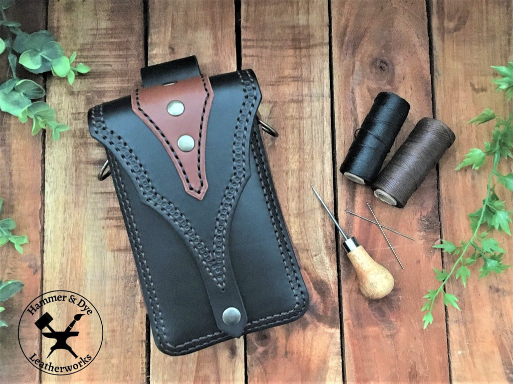 Black Biker Style Leather Belt Pouch with Brown details