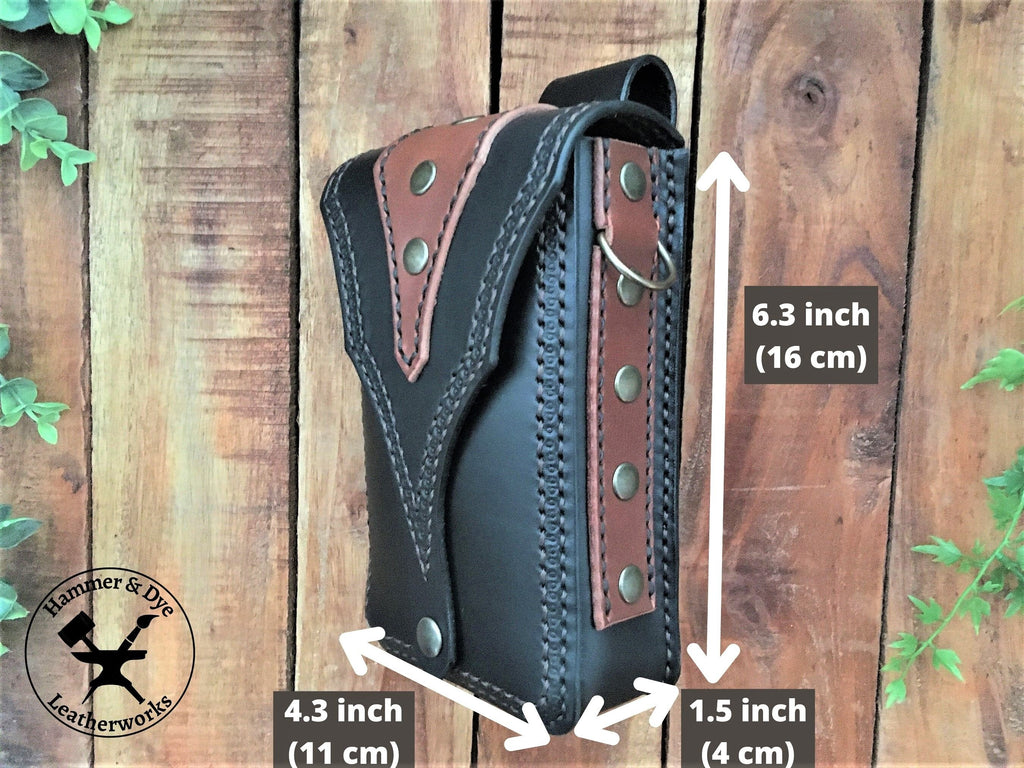 Black Biker Style Leather Belt Pouch with Brown details with Size Guide