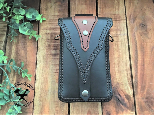 Black Biker Style Leather Belt Pouch with Brown details Front