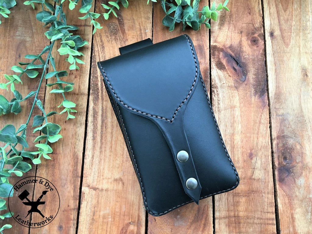 Handmade Black Leather Festival Belt Pouch with Brown Stitching Front