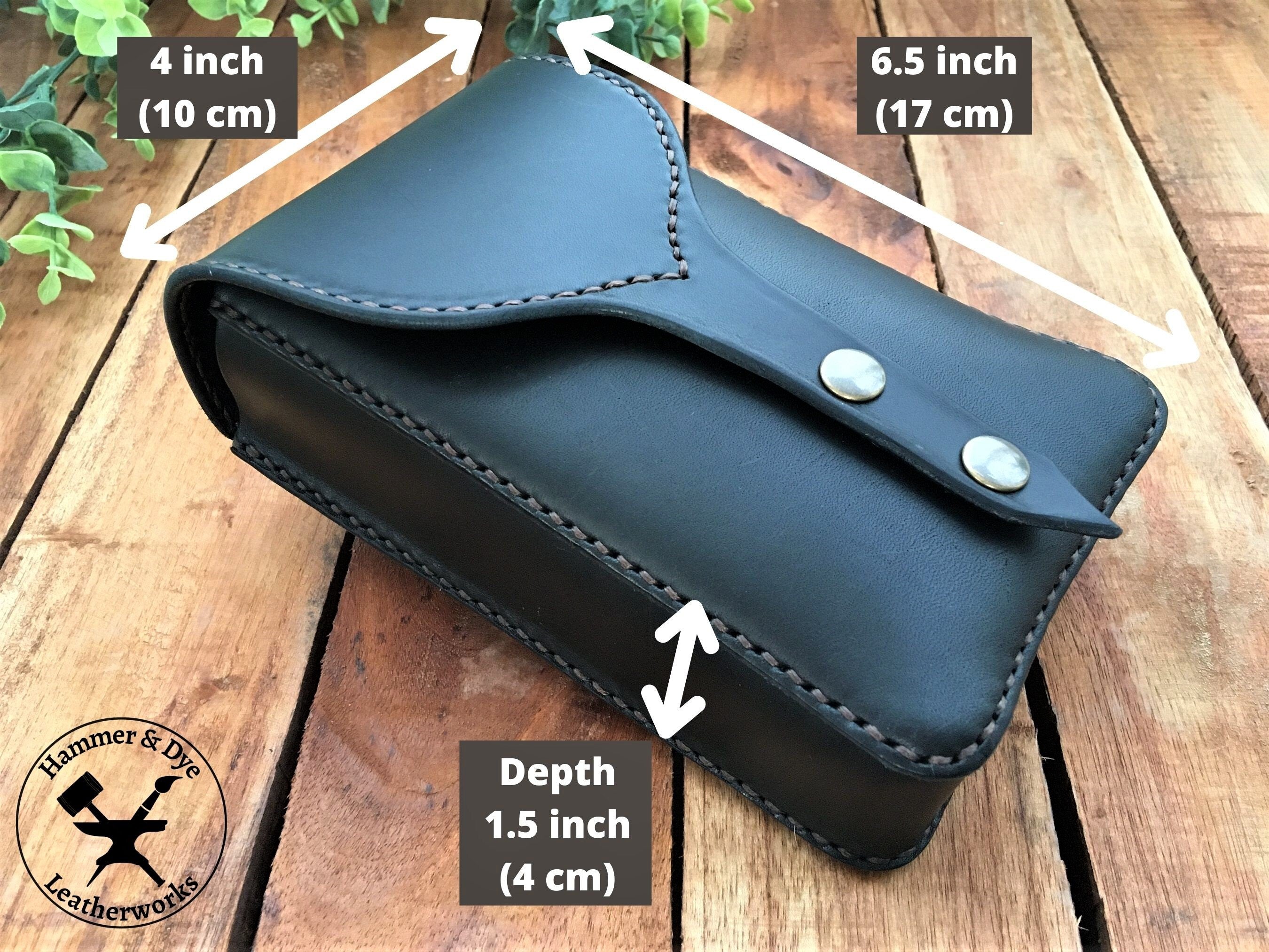Handmade Black Leather Festival Belt Pouch with Brown Stitching with Sizing Guide