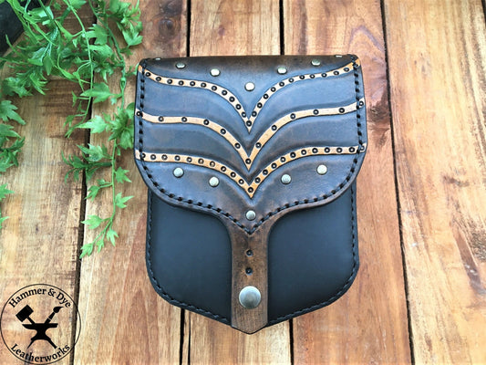 Handmade 2-tone Leather Belt Pouch with Carved wave Pattern and Studs Front 