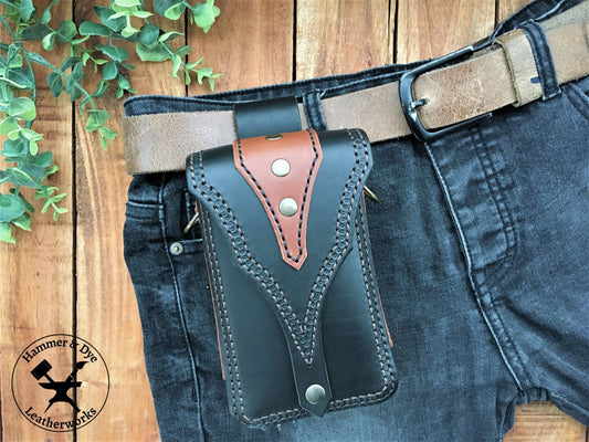 Black Biker Style Leather Belt Pouch with Brown details on a trouser Belt
