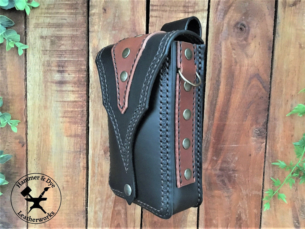 Black Biker Style Leather Belt Pouch with Brown details Side