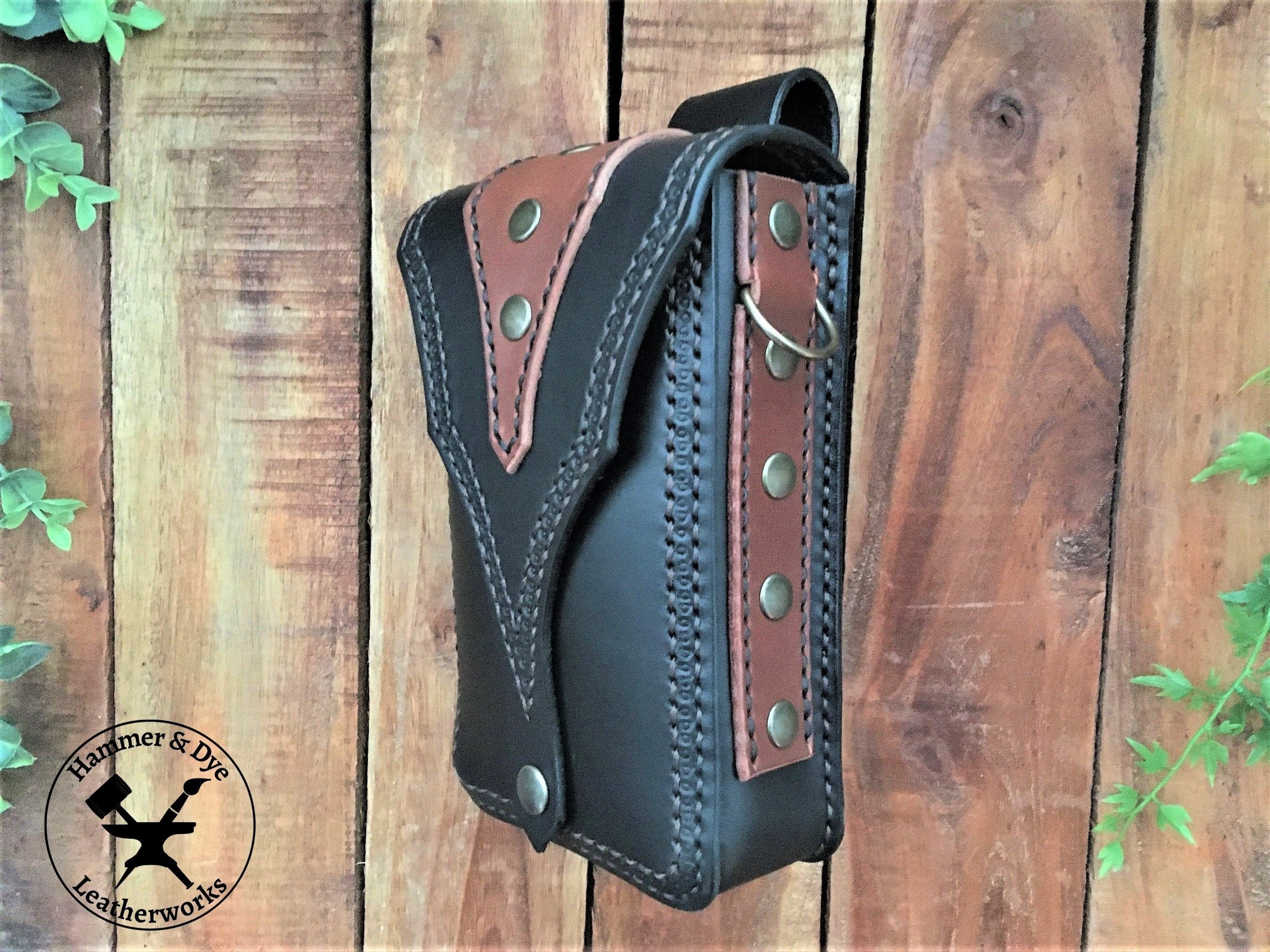 Black Biker Style Leather Belt Pouch with Brown details Side