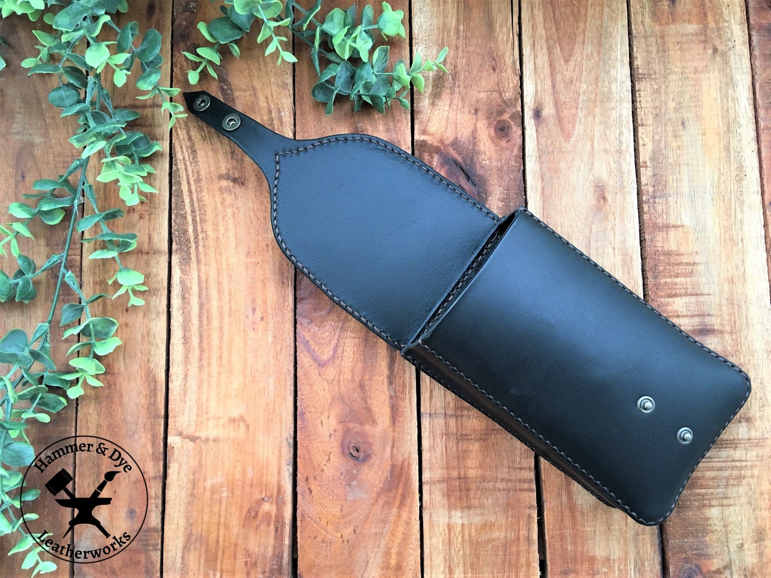 Black Leather Festival Belt Pouch with Brown Stitching Front View with Flap Open