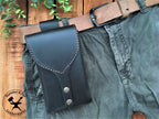 Handmade Black Leather Festival Belt Pouch with Brown Stitching on a Trouser Belt