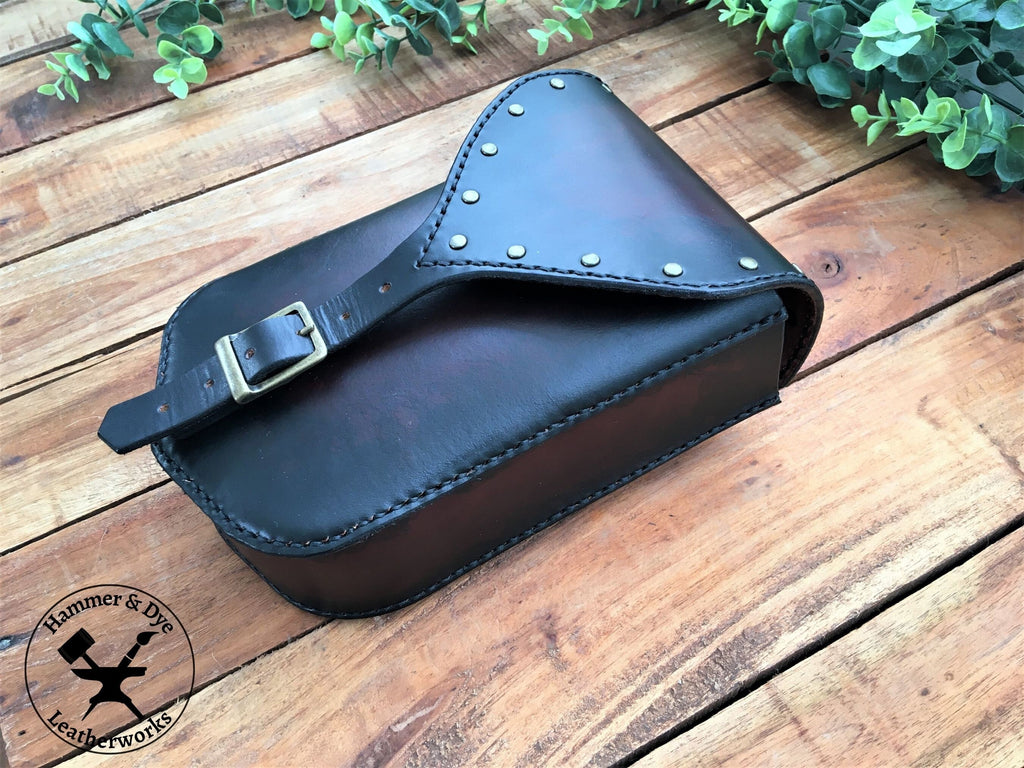 Large Handmade Black Leather Belt Pouch with Buckle closing and Studs 