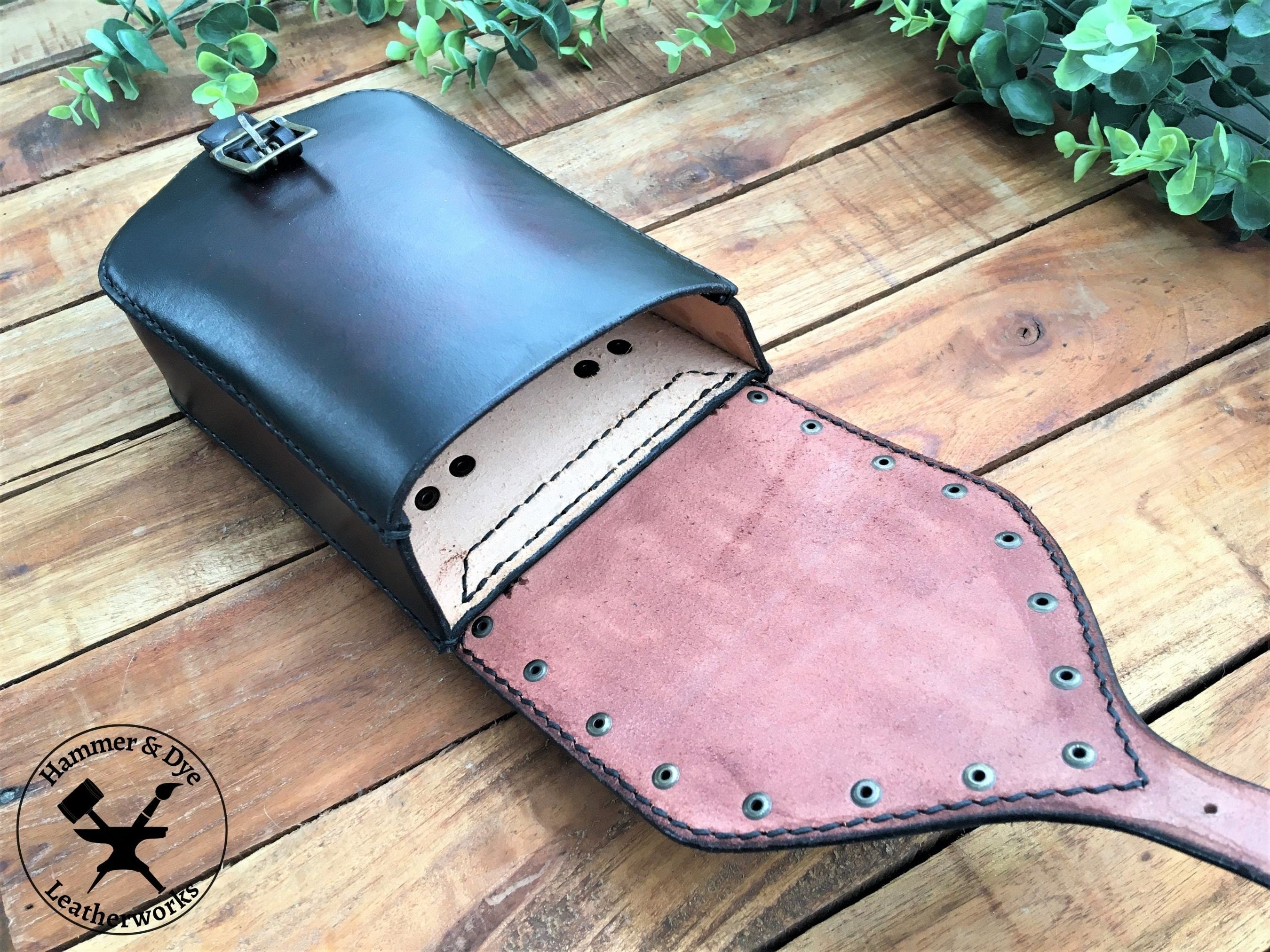 Large Handmade Black Leather Belt Pouch with Buckle closing and Studs  Inside View