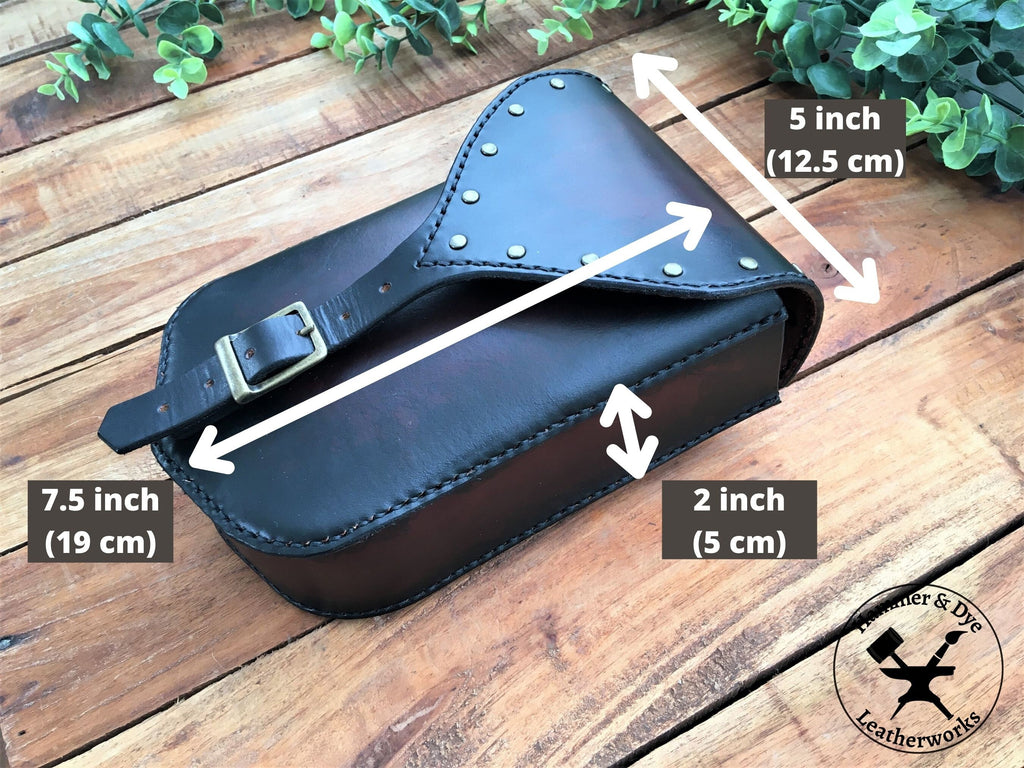 Large Handmade Black Leather Belt Pouch with Buckle closing and Studs  with Sizing Guide