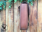 Large Handmade Brown Leather Belt Pouch with Buckle Closing and Viking Style Knotwork Carving Side View